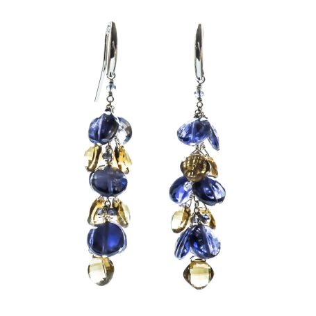 Elegant drop earrings featuring blue and gold beads.